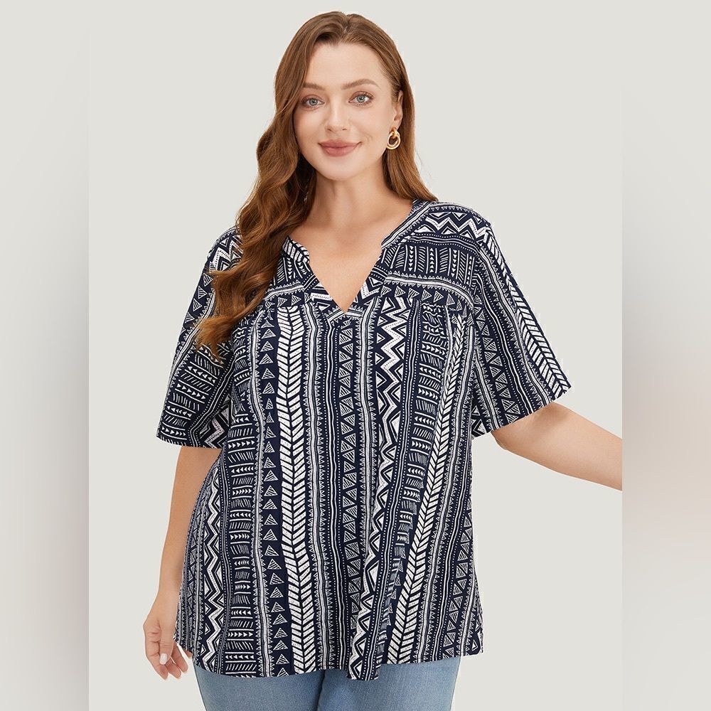 Bloomchic Geometric Print Top Navy